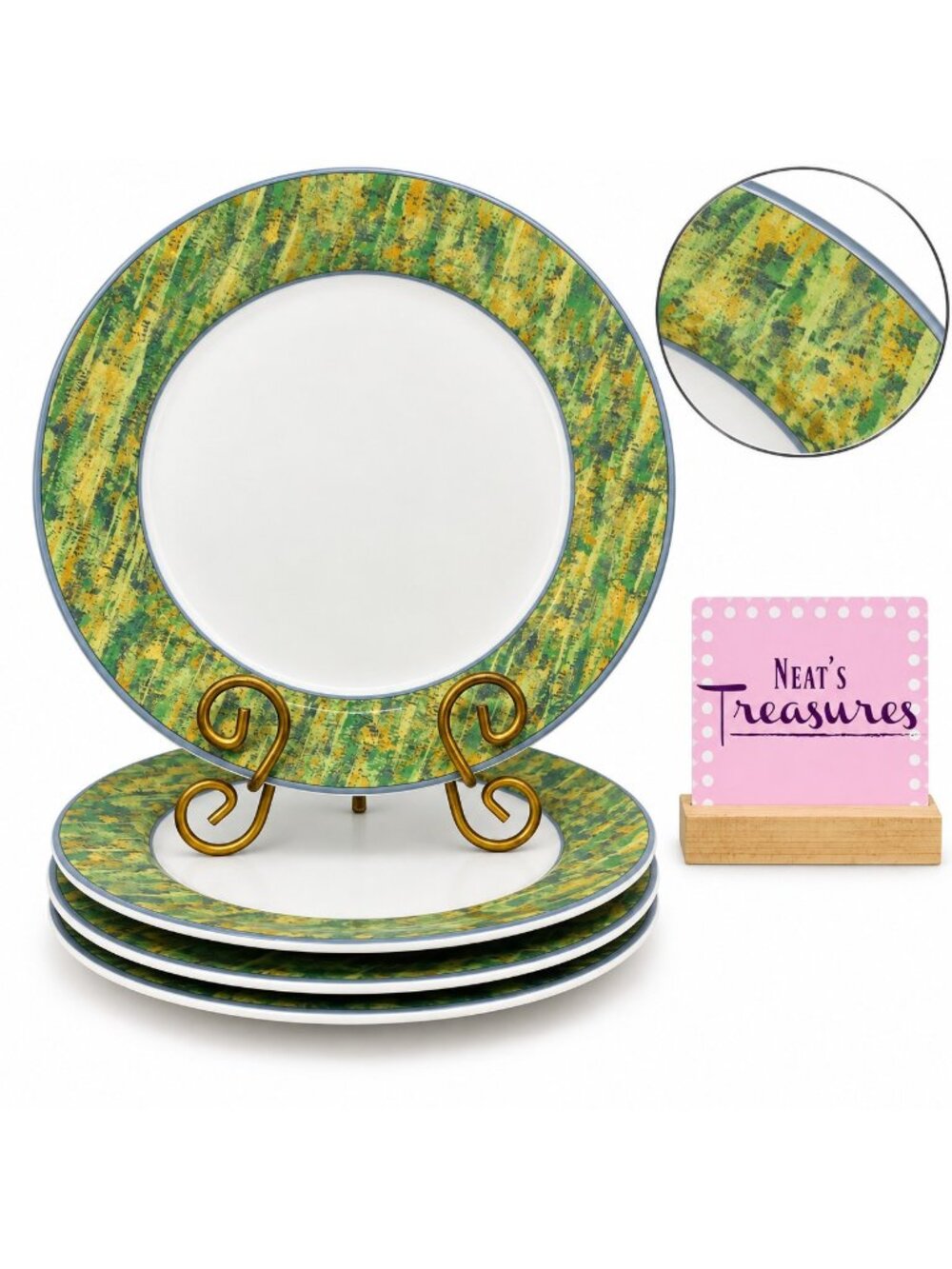 Sango Joan Luntz DAISY HILL 3045 Green Border Round China Dinner Plates Set of 4